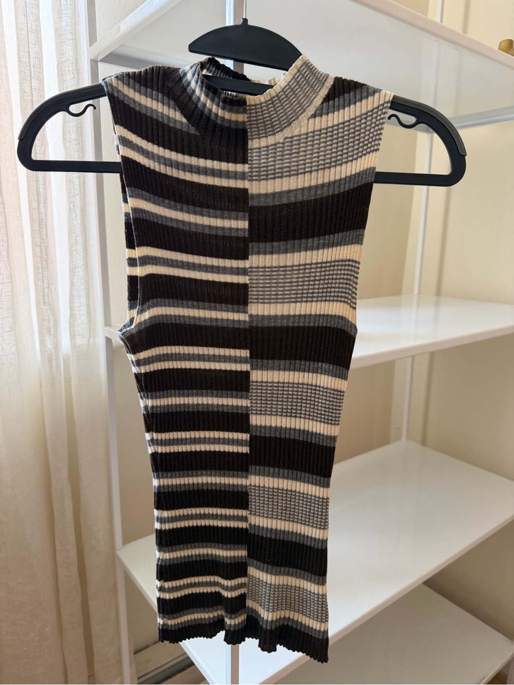 Theory Black and Cream Striped Ribbed Mock-Neck Tank